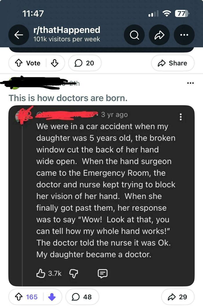 A Reddit post from r/thatHappened about a girl who became a doctor after a car accident, illustrating a time people called out others for lying.