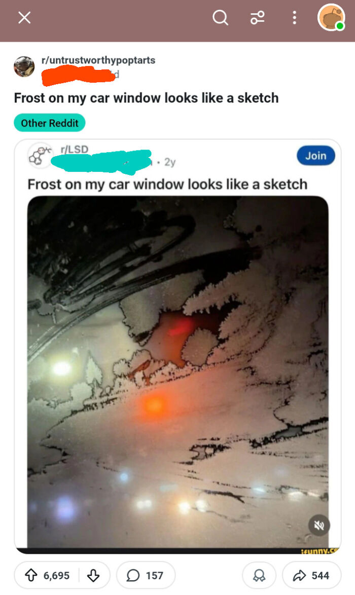 A Reddit screenshot showing frost on a car window resembling a sketch, an example of people called out for lying.