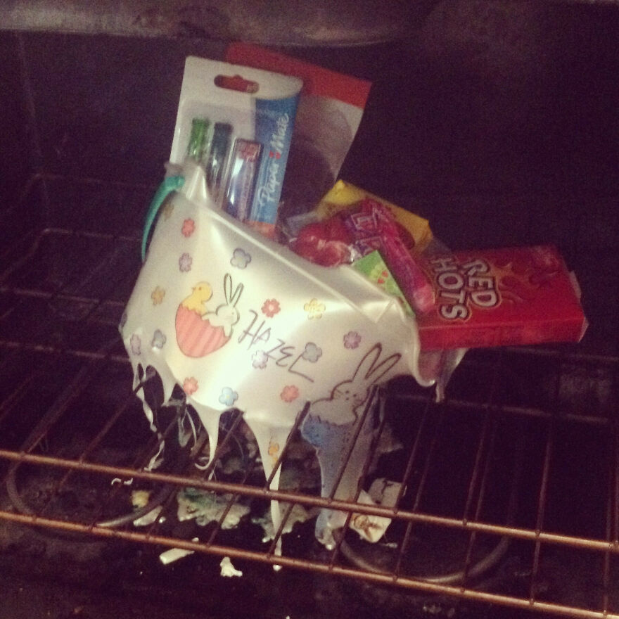 A melted plastic Easter basket with treats inside, an oven fails moment.