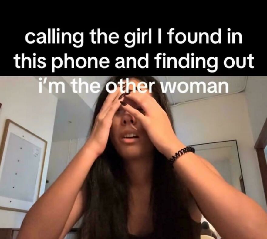 A woman holds her head in her hands, looking distressed, with text about finding out shes the other woman, a weird side hustle.