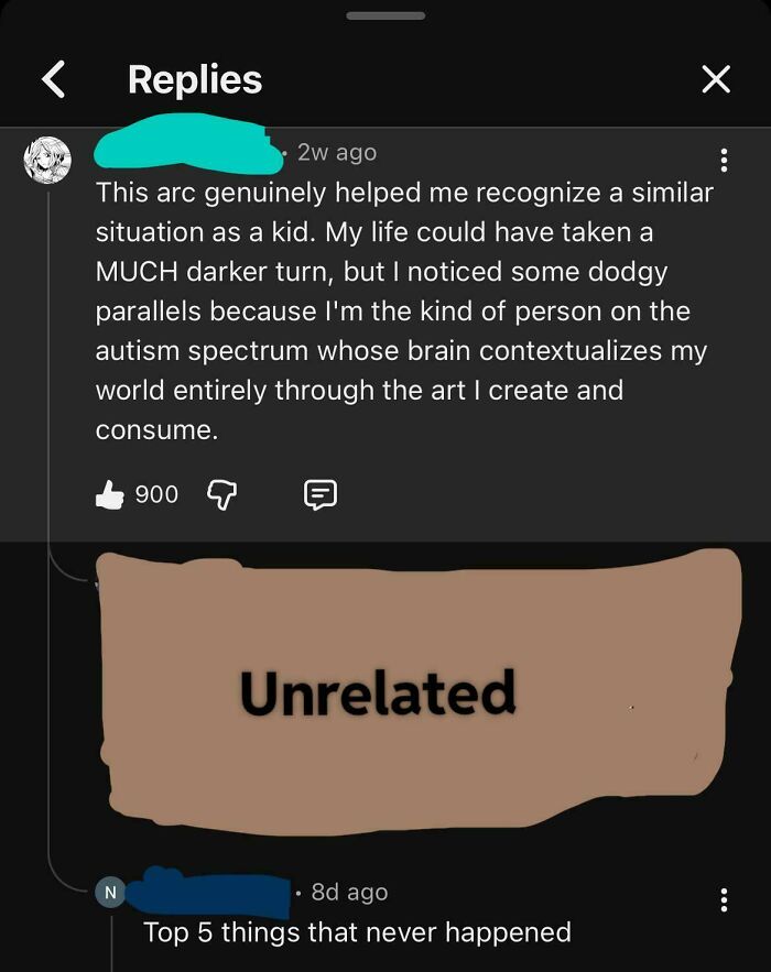 A Reddit reply section featuring a comment about an autism spectrum experience, followed by 'Unrelated' and 'Top 5 things that never happened', highlighting people called out for lying.