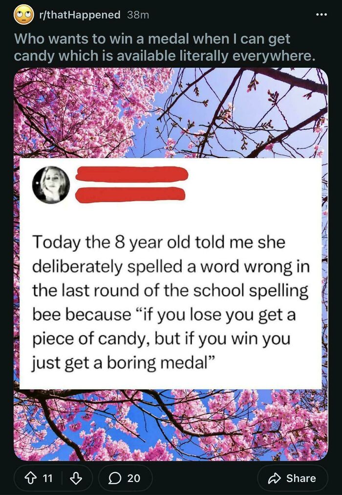 A Reddit post from r/thatHappened with a story about an 8-year-old spelling a word wrong for candy, an instance of people called out for lying.