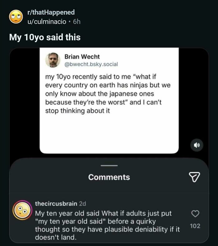 A Reddit post from r/thatHappened, where people called out others for lying about their 10-year-old's profound thoughts.