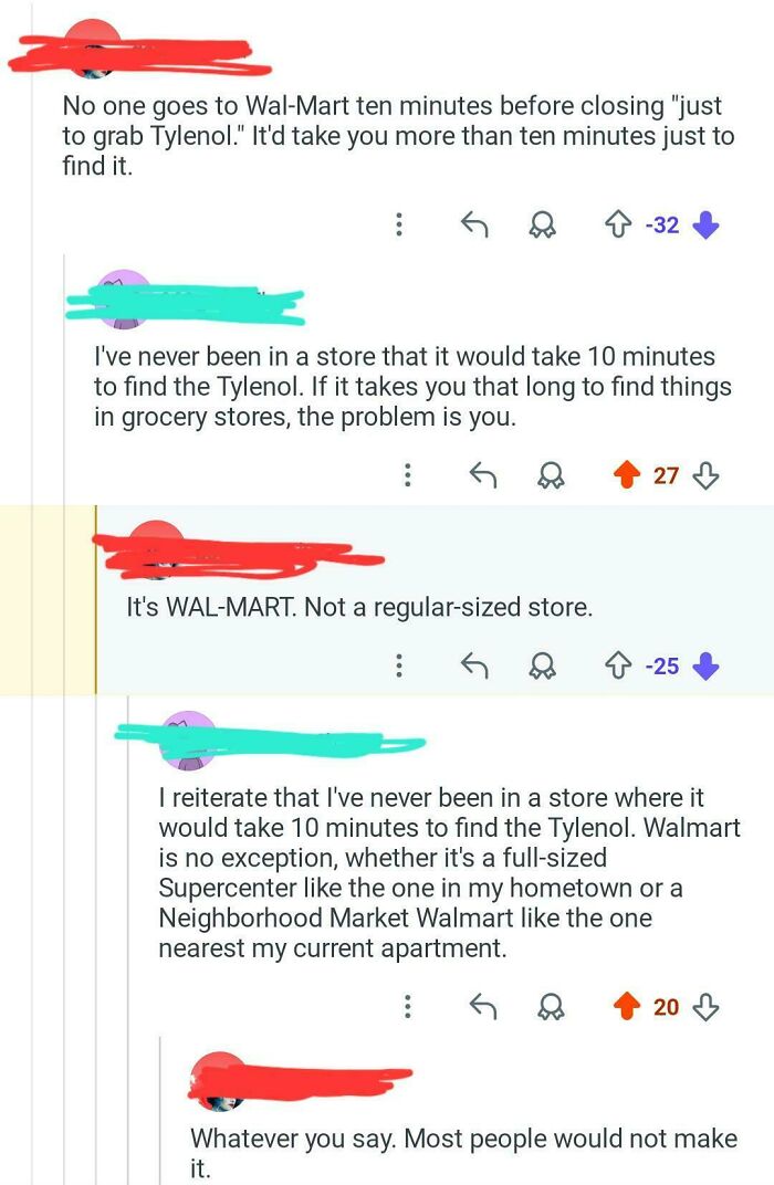 People called out for lying: A Reddit comment arguing about finding Tylenol in Walmart, with replies calling out the lie.