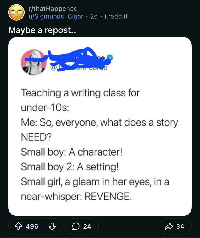 People called out for lying: A text conversation where a child replies 'REVENGE' when asked what a story needs.