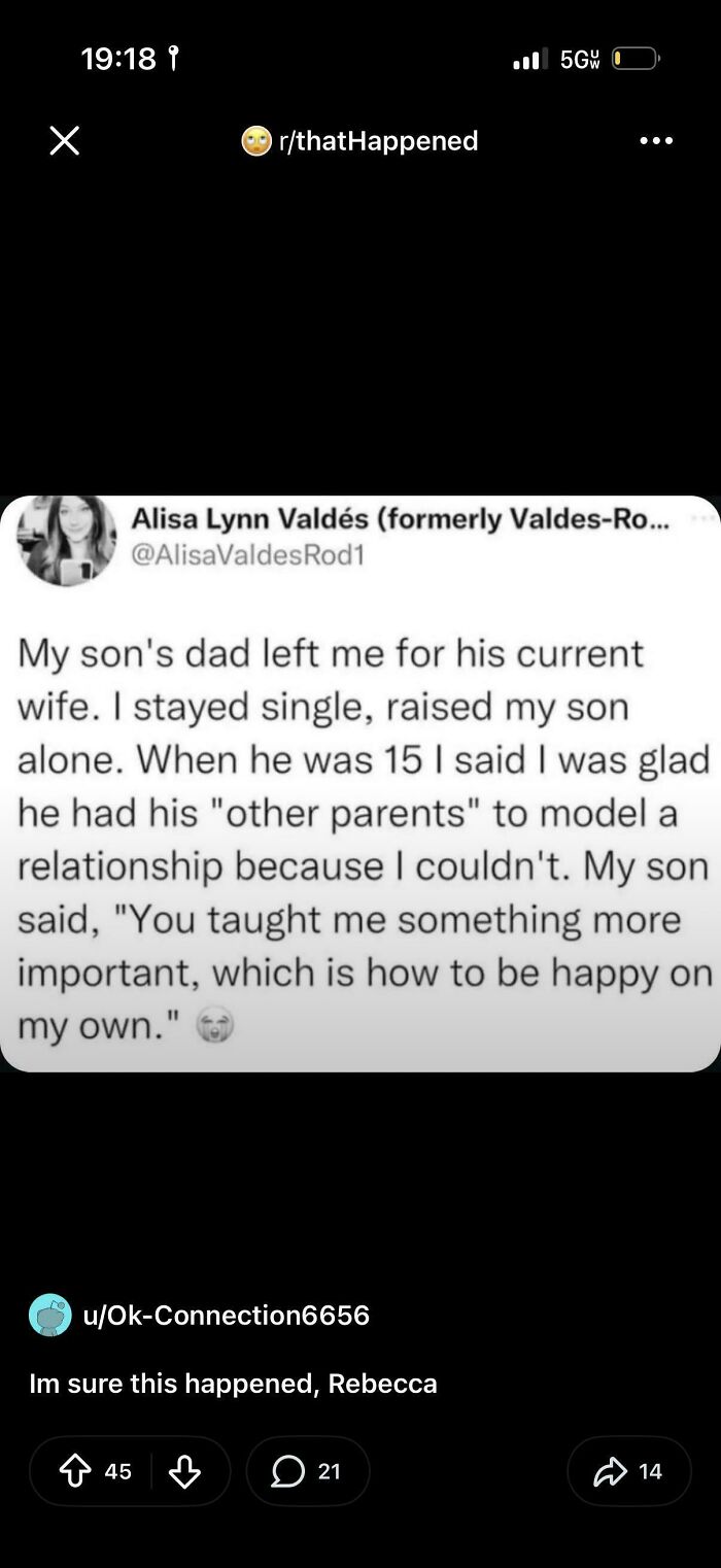 A social media post with the title Totally Happened where a user calls out someone for lying about their son's quote.
