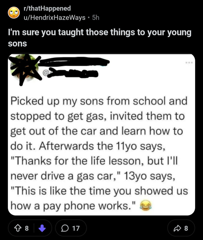 A social media post where a user calls out someone for lying about sons' reactions to learning about gas cars.
