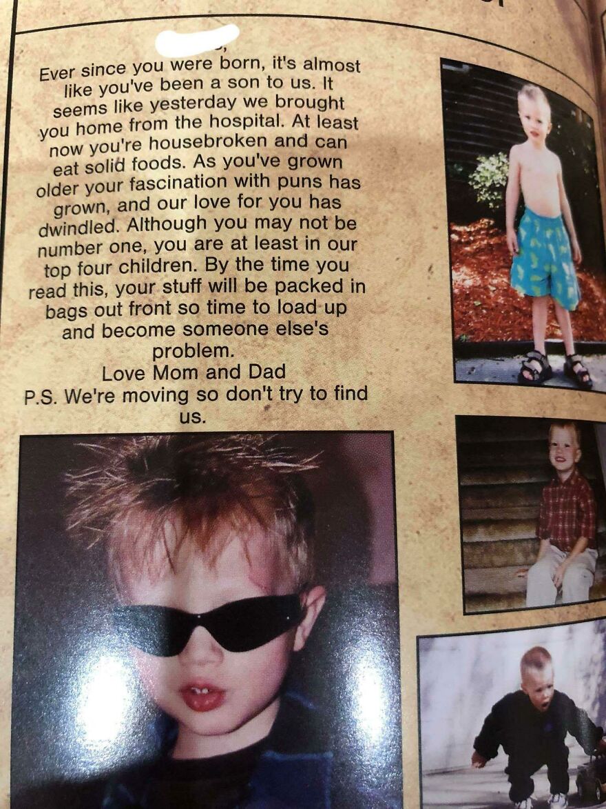 A yearbook page with a sarcastic letter from parents, a funny unfortunate regret or fail.