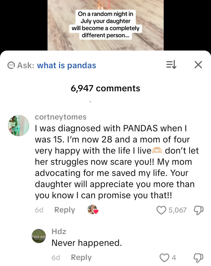A social media comment section with a user calling out someone for lying about having PANDAS.