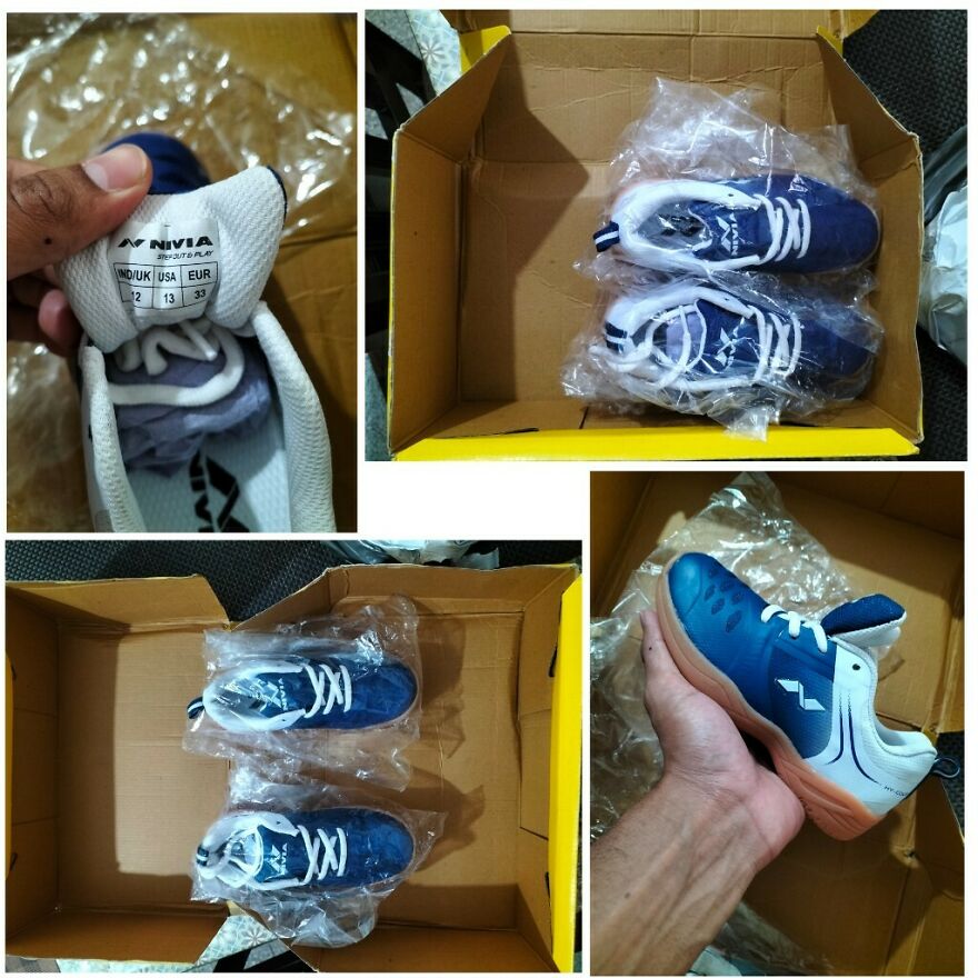 A collage of funny unfortunate regrets fails showing blue shoes, some still in plastic packaging, with one pair held in hand.