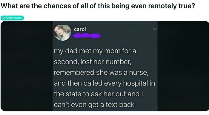 A social media post where a user questions the truthfulness of a story about a dad finding a mom.