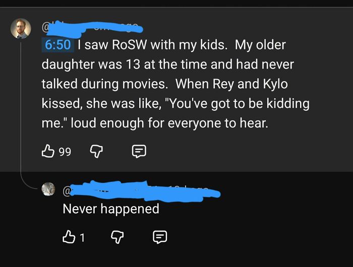 A social media comment section where a user calls out another for lying about a daughter's reaction.