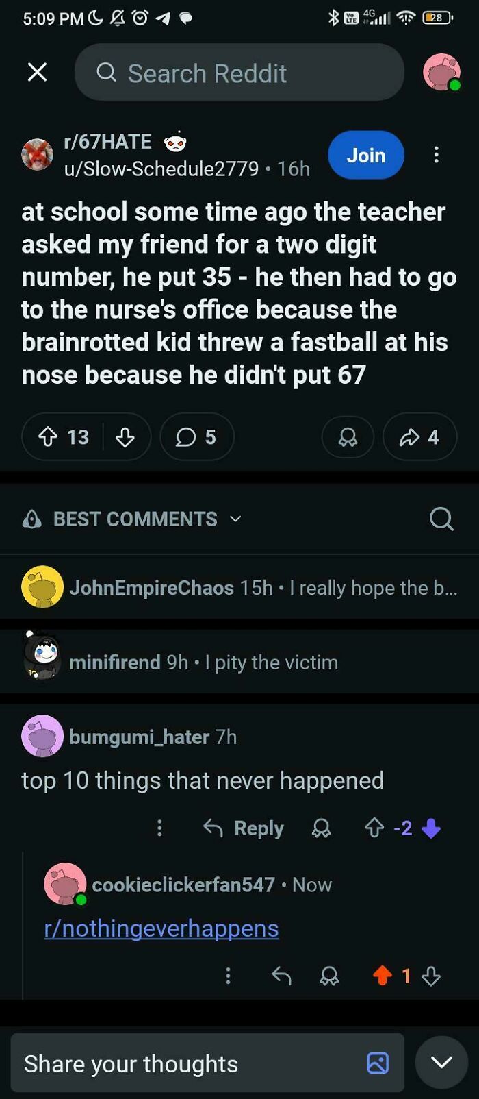 People called out for lying: A Reddit post about a teacher asking for a two-digit number, with a comment saying 'top 10 things that never happened'.