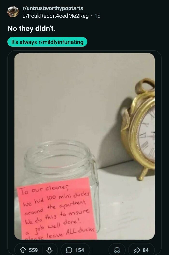 People called out for lying: A note asking a cleaner to leave 100 mini ducks found around an apartment.