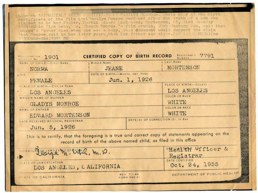 Marilyn Monroe's birth certificate, a document related to unique side hustles.