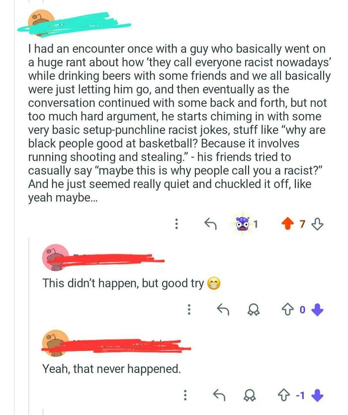 A Reddit comment thread where people call out someone for lying about a racist encounter.