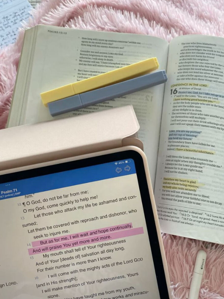 Open Bible and tablet, highlighting a verse, for those finding weird side hustles.