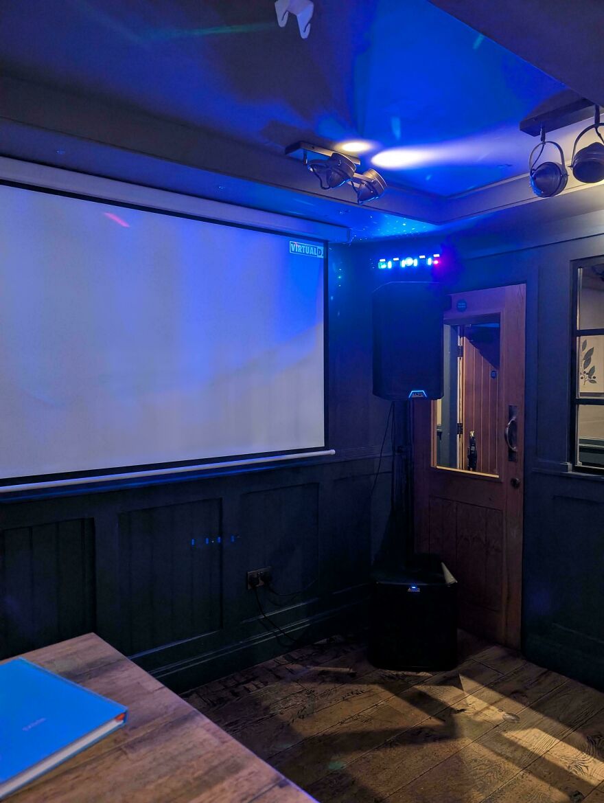 A room with a large screen and disco lights, perfect for a side hustle event.