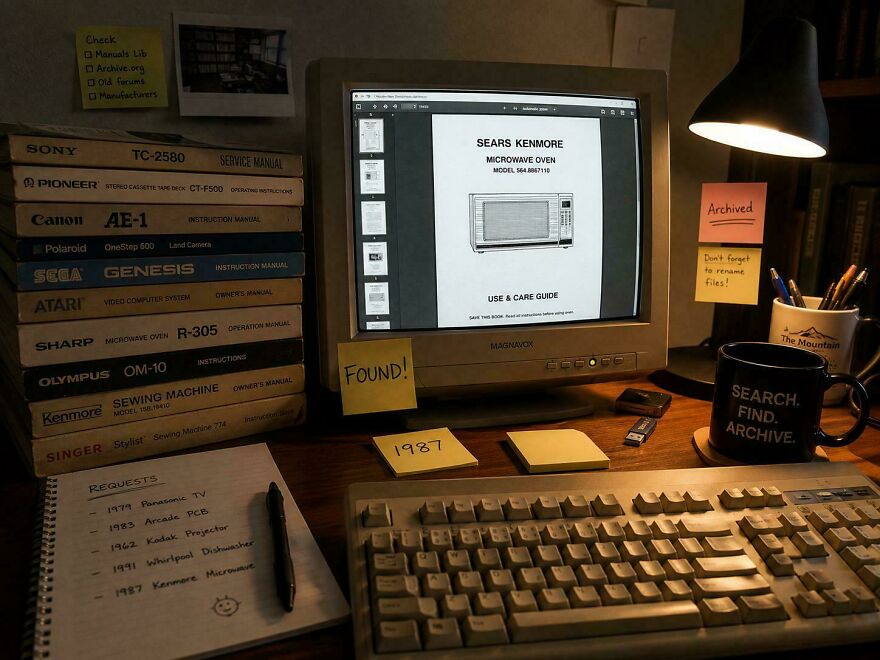 A retro computer desk with vintage electronics manuals, suggesting a side hustle in digital archiving or tech support.