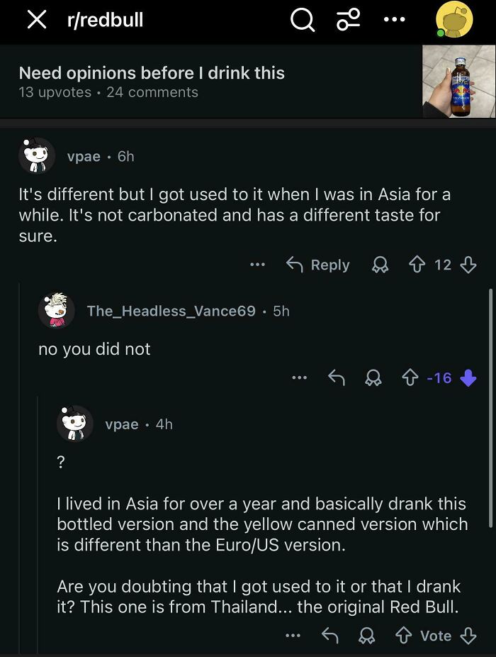 A Reddit thread discussing Red Bull, with users calling out others for lying about product knowledge and experience.