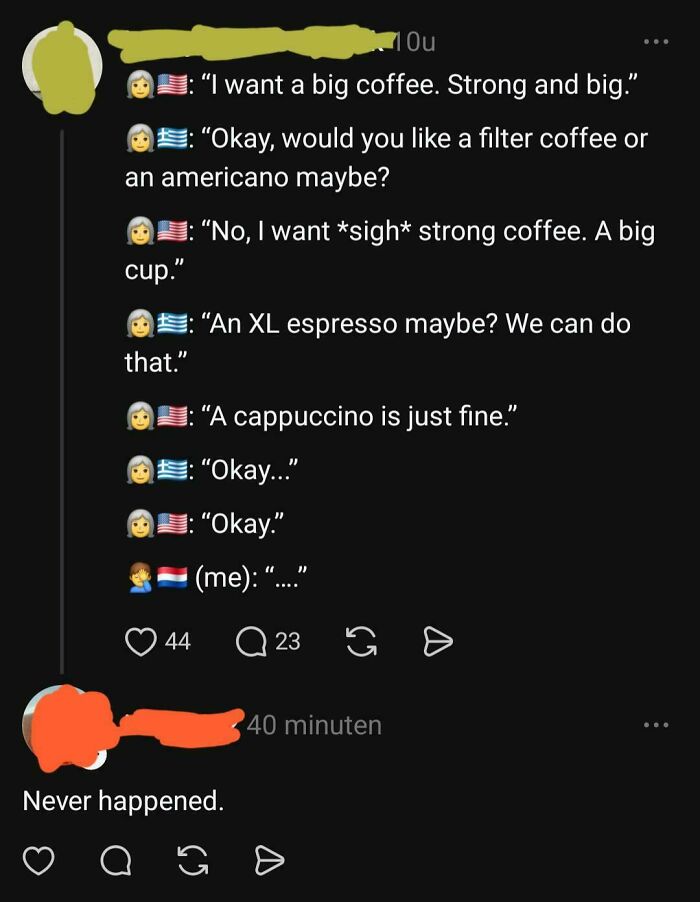 A chat conversation where someone struggles to order coffee, illustrating instances of people calling out others for lying.