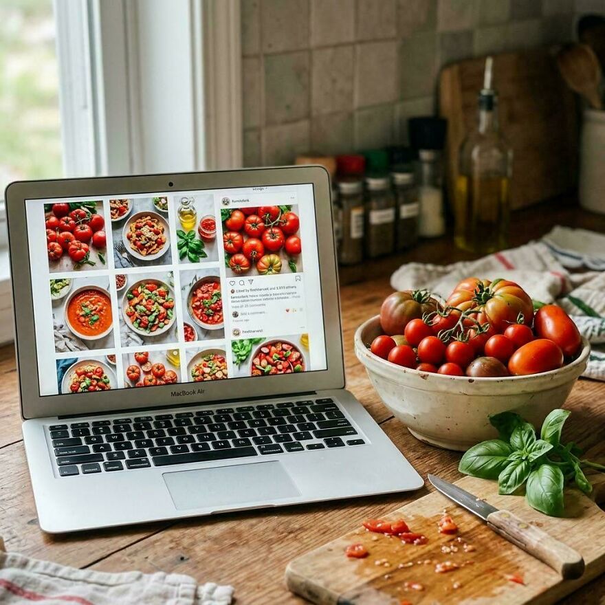 Laptop displaying tomato recipes, a potential side hustle for making extra dough.