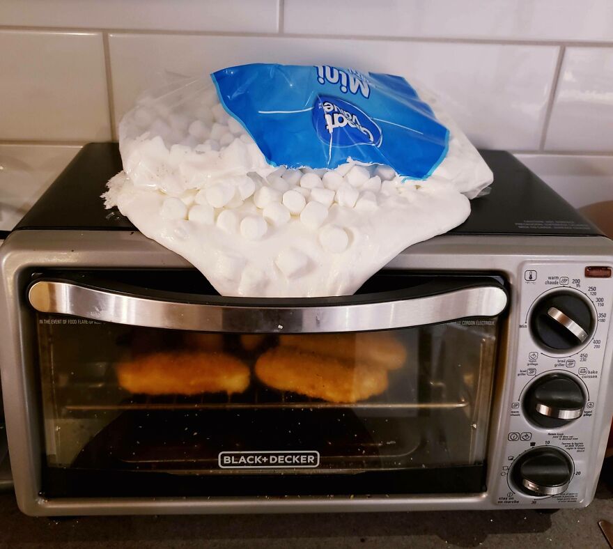 A bag of mini marshmallows melted over the top of a toaster oven, a funny regret.