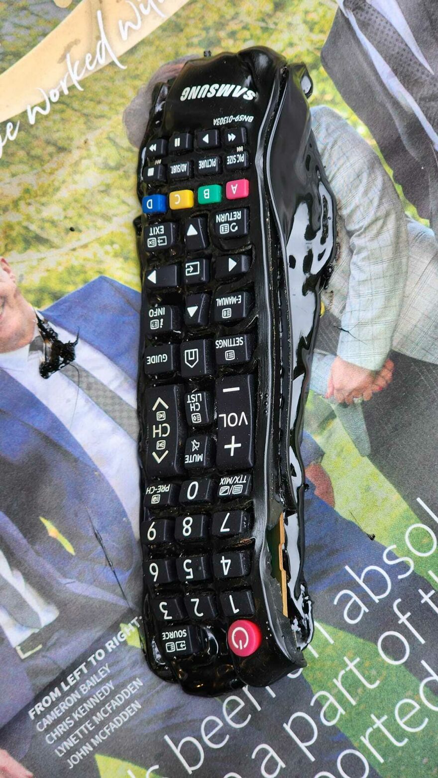 A melted Samsung TV remote control, a funny regret fail.