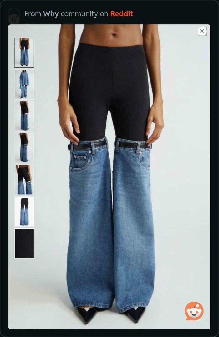 A model wearing black leggings with detached wide-leg denim jeans underneath, a hilariously bad fashion crime.