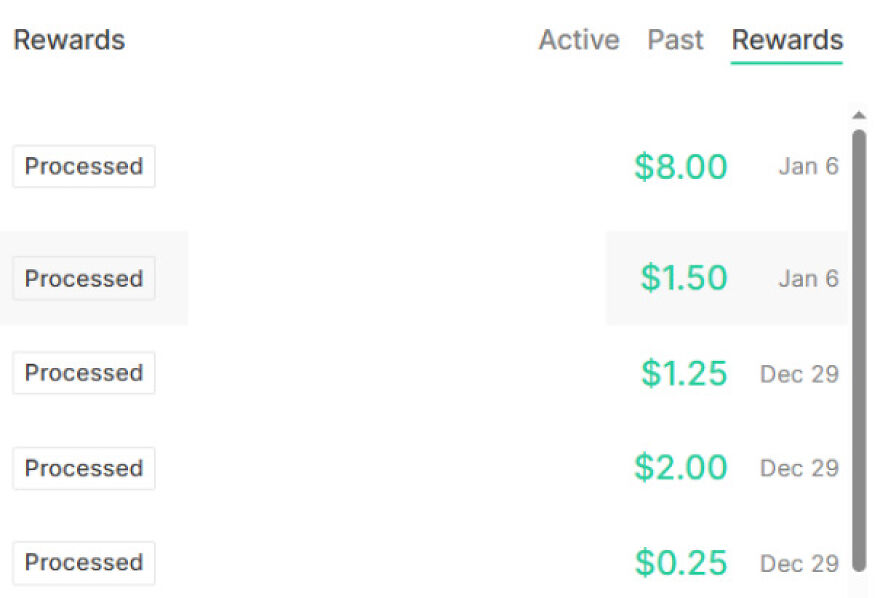 A screenshot showing a list of processed rewards with monetary values and dates, illustrating earnings from a side hustle.