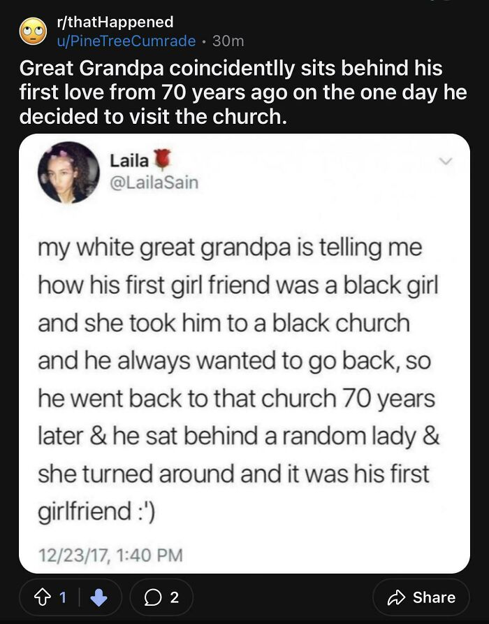 People called out others for lying in this screenshot of a Reddit post about a great grandpa meeting his first love.