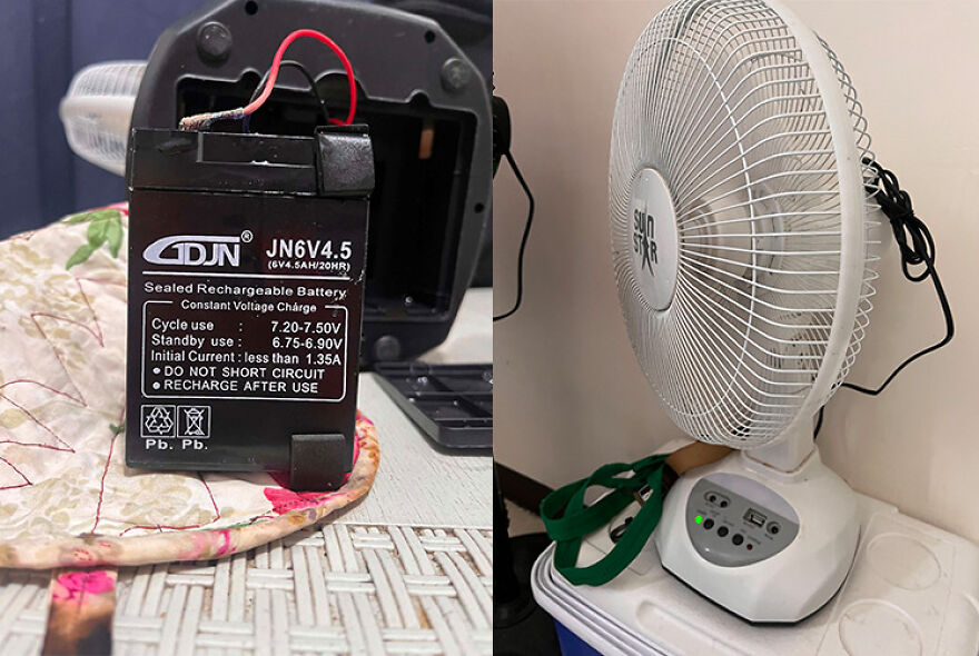 A DIY side hustle: a sealed rechargeable battery connected to a portable fan, demonstrating an extra dough project.