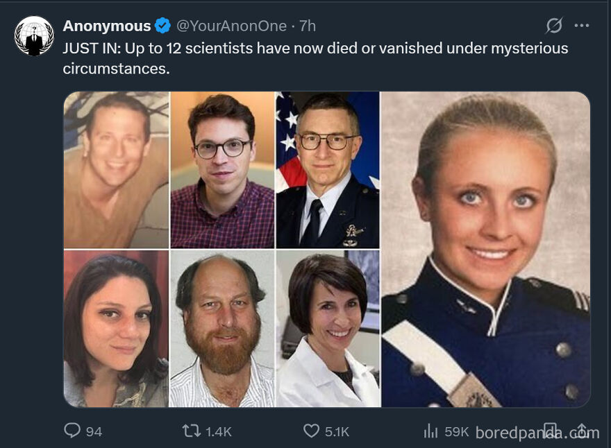 A collage of six individuals, including scientists, who have died or vanished, representing strange things happening on Earth.