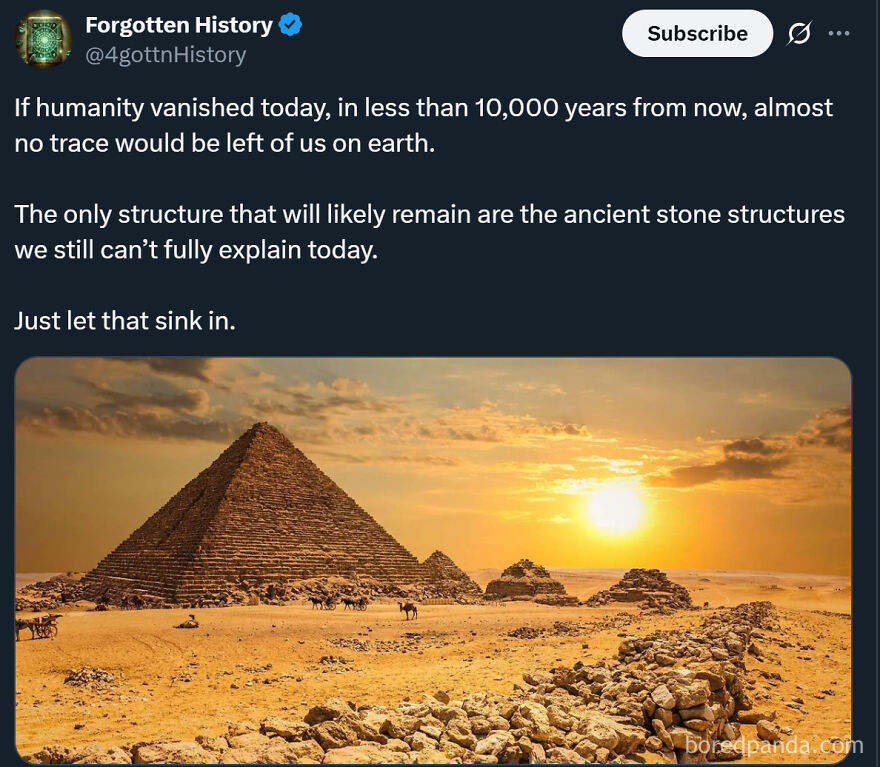 A screenshot of a tweet from Forgotten History about ancient stone structures, with an image of the Giza pyramids at sunset, representing incredible things happening on Earth.