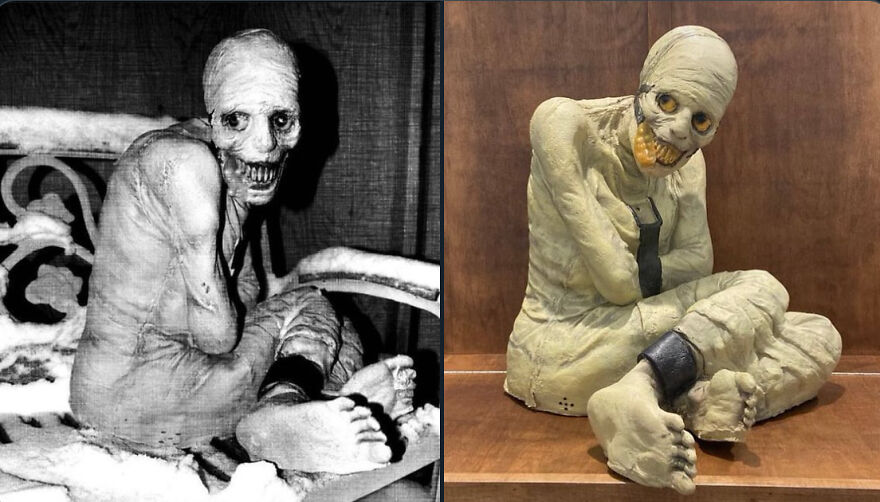 Side-by-side images of a mummy-like figure, one a black-and-white photo and the other a color replica, showing strange things happening on Earth.
