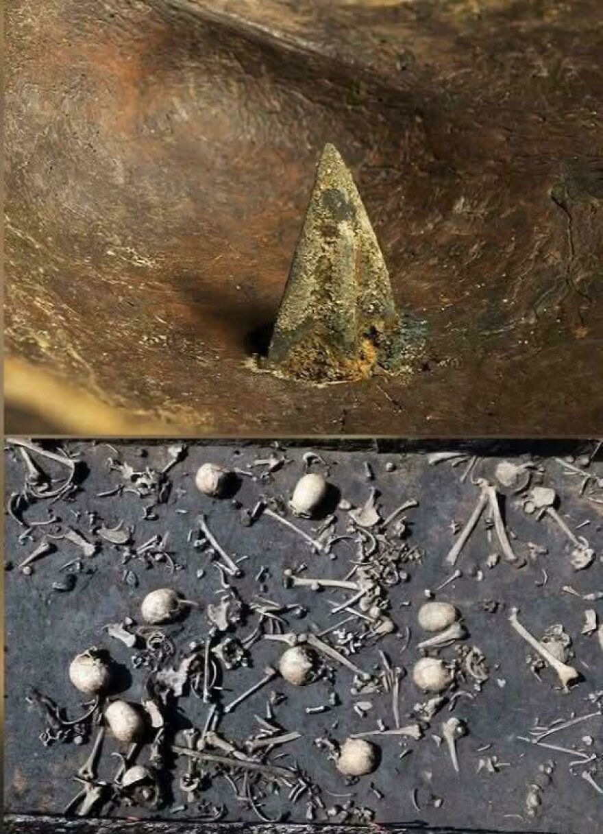 A rusted, sharp metal spike embedded in earth, with a lower panel showing tiny bones and skulls, among strange things happening on Earth.