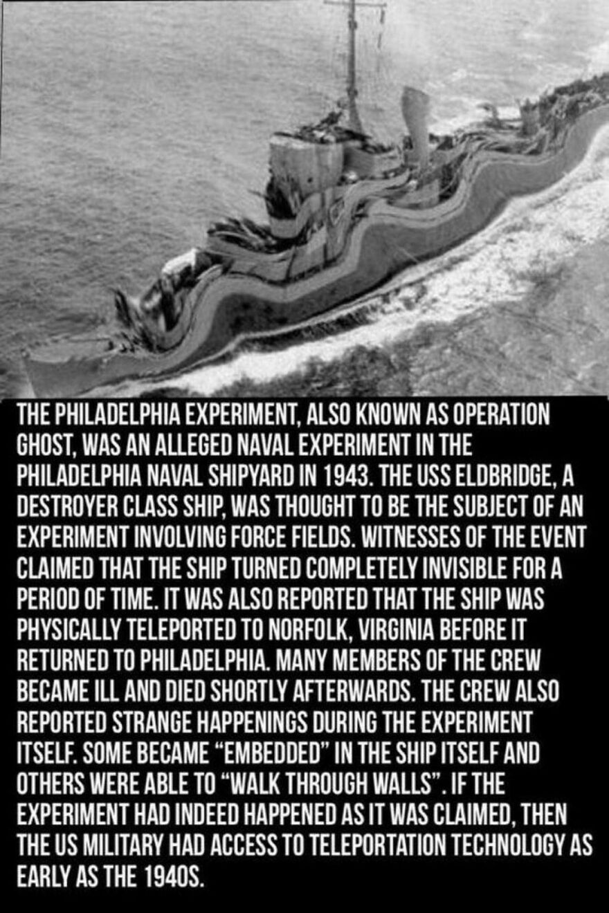 An old black and white photo of a ship related to the Philadelphia Experiment, one of the strange things happening on Earth.