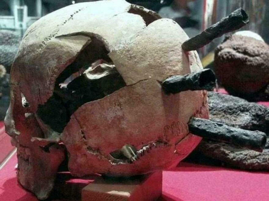 Strange things happening on Earth: a human skull with several dark, rod-like objects protruding from it, appearing ancient.
