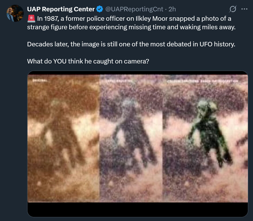 Strange things happening on Earth: A blurred, controversial photo of a strange figure on Ilkley Moor, debated in UFO history.