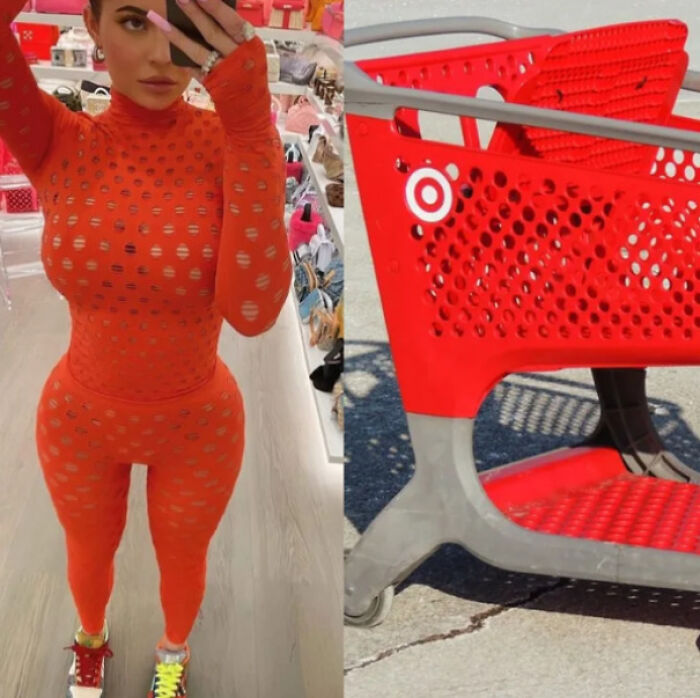 Kylie Jenner in a sheer orange, hole-riddled jumpsuit next to a red Target shopping cart, a questionable fashion choice.