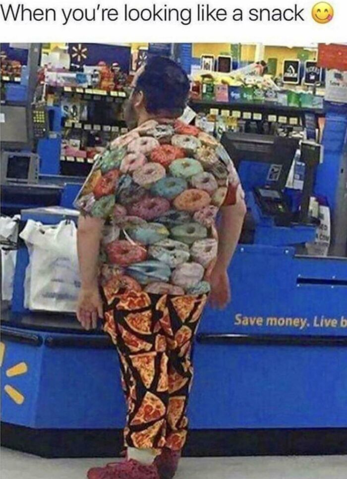 Person wearing a mismatched outfit with a donut shirt and pizza pants, a funny fashion crime