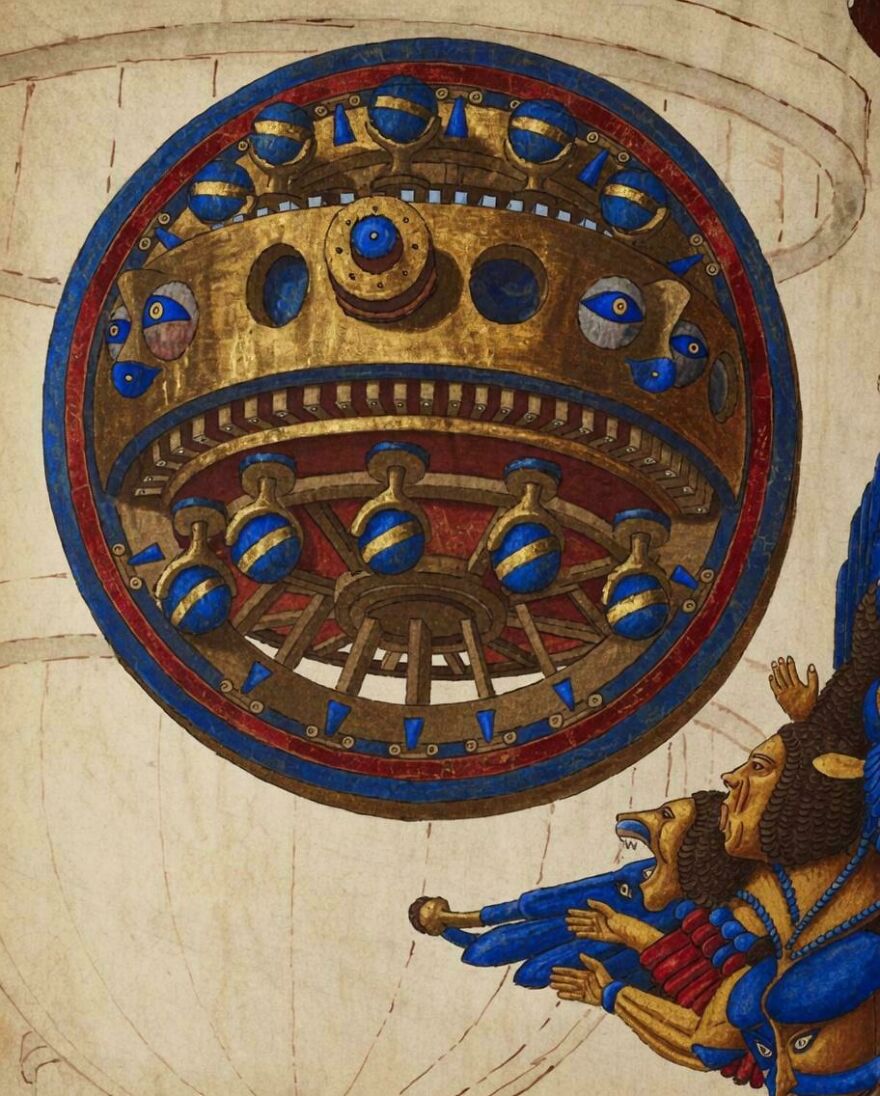 Strange things happening on Earth: An ancient-looking, detailed illustration of a golden, spherical mechanism with blue accents and figures below.