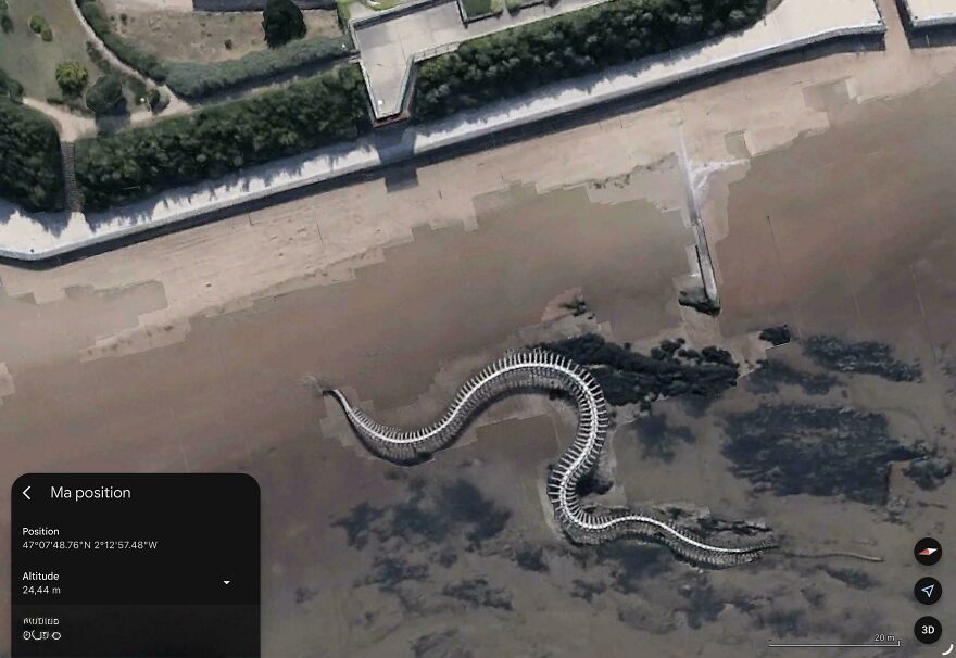 Strange things happening on Earth: A satellite view of an unusually long, serpentine-like sculpture on a beach.