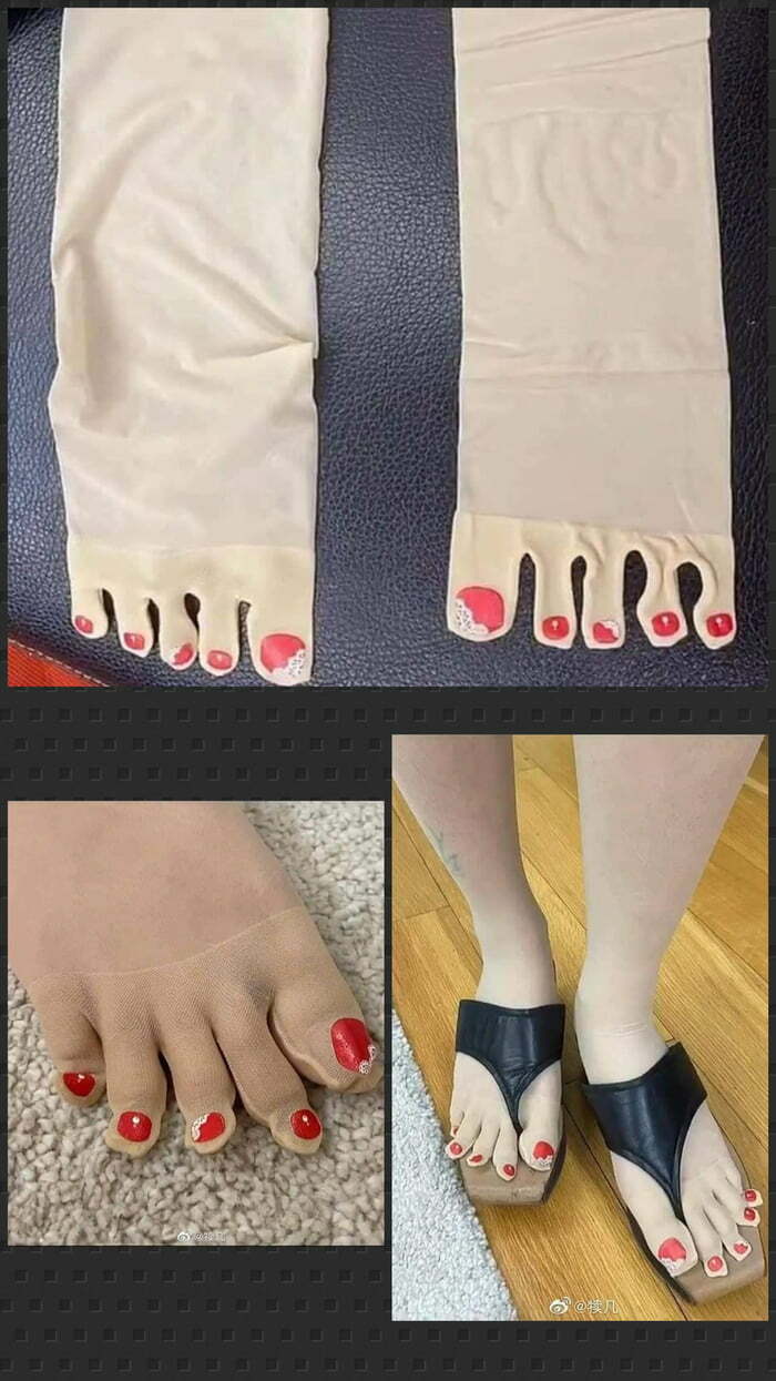 Close-up of n**e stockings with painted red toenails, worn with sandals, highlighting a bad fashion choice.