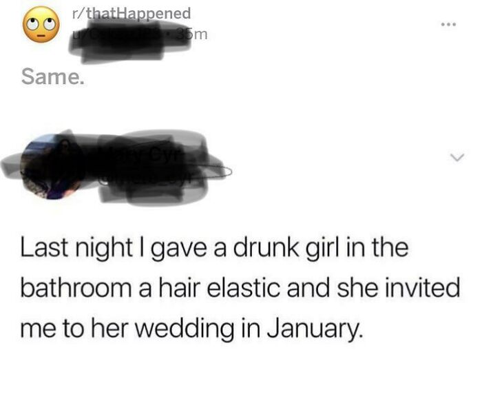 A screenshot of a social media post where a user claims a drunken encounter led to a wedding invitation, called out for lying.