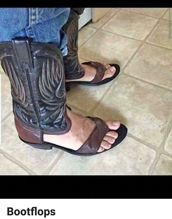 A man wears a hilarious bad fashion crime: cowboy boots cut into sandals.