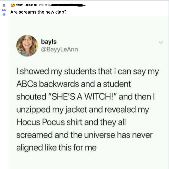 A screenshot of a social media post where a user claims students reacted dramatically to a Hocus Pocus shirt, called out for lying.