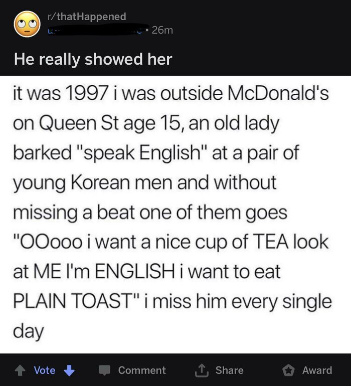 A Reddit post about people lying, where someone describes a moment a Korean man humorously responded to xenophobia.