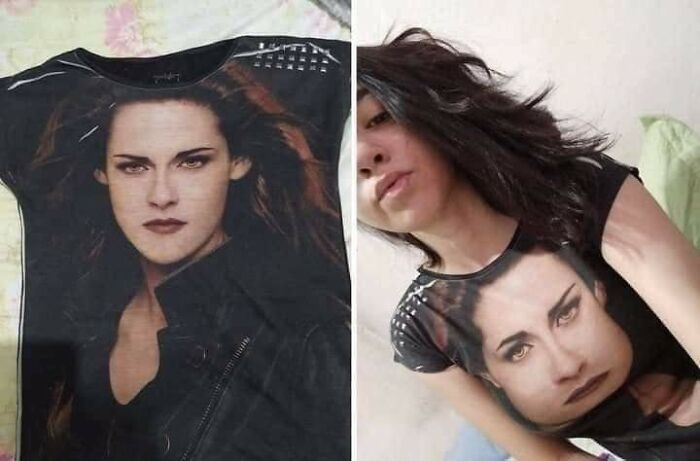 A comparison of a T-shirt featuring a distorted image of Kristen Stewart, a hilariously bad fashion crime.