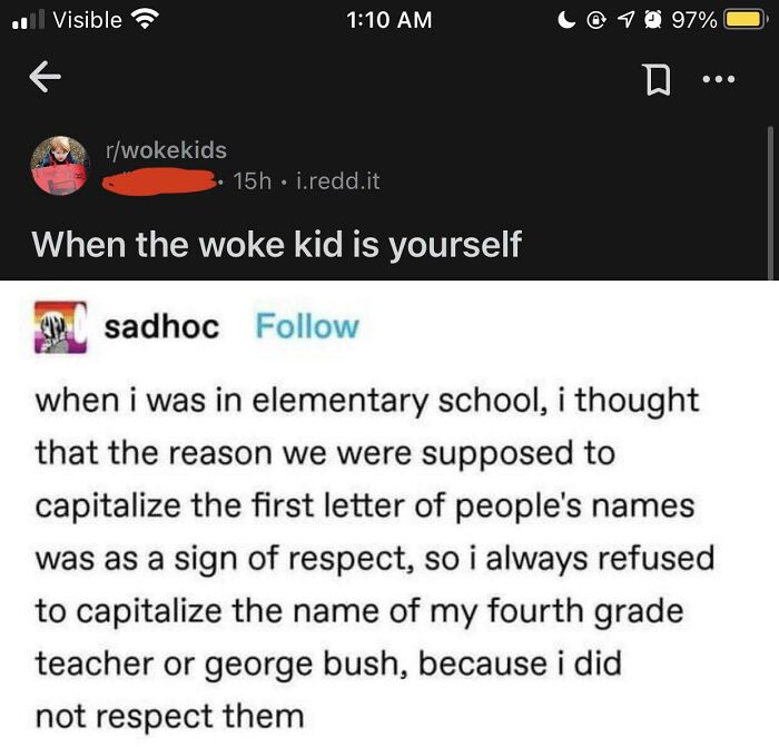A Reddit post about people lying, where a user recounts their childhood refusal to capitalize names due to lack of respect.